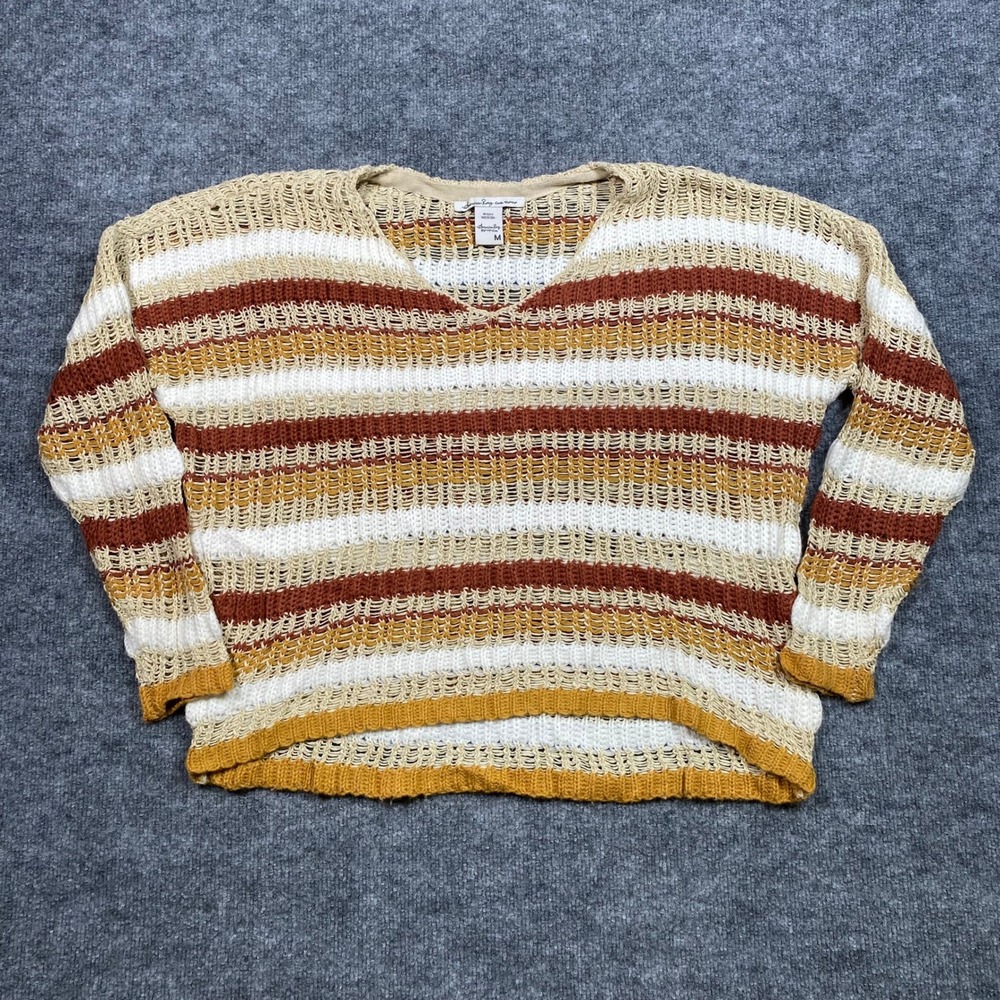 American Rag Cie Womens Striped Open Knit V-Neck Sweater Rust Mustard Cream M